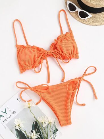 GORGLITTER Women's High Cut Swimsuit Triangle Tops Tie Side Thong Bikini Set Frill Bathing Suit in Saudi Arabia