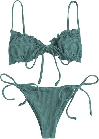 GORGLITTER Women's High Cut Swimsuit Triangle Tops Tie Side Thong Bikini Set Frill Bathing Suit in Saudi Arabia