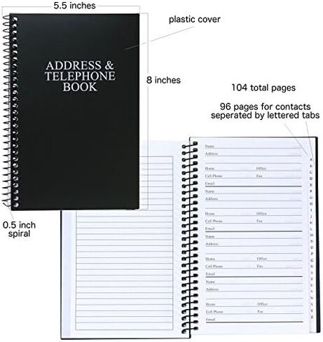 Iconikal Address and Telephone Book, Black, 8 x 5 inches for Organizing Names, Addresses, Email, Cell Phone Numbers in Saudi Arabia
