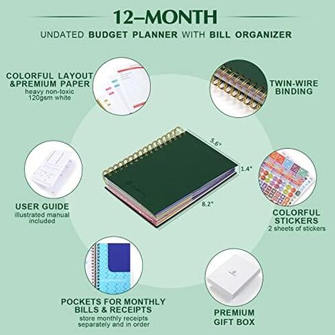 JUBTIC Budget Planner and Monthly Bill Organizer with Pockets. Undated Financial Planner Budget Book and Expense Tracker Notebook, Budgeting Journal to Control Your Money - 5.6" x 8.2" (Black) in Saudi Arabia