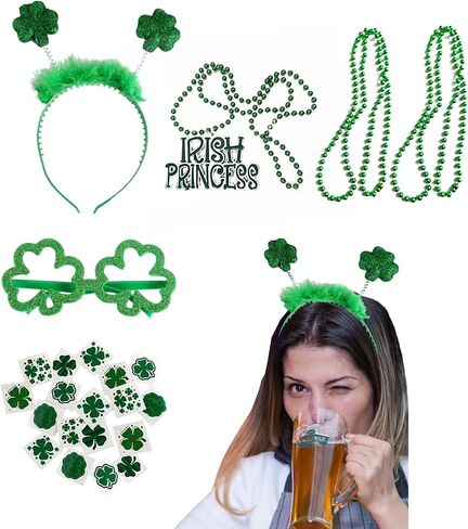 ORANGAROOS Woman St Patrick's Day Costume Accessories Set with Green Shamrock headband，Green Glitter Clover Frame Glasses，Green Bead Necklaces and Shamrock Tattoo Stickers in Kuwait