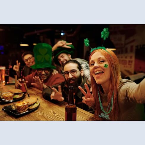 ORANGAROOS Woman St Patrick's Day Costume Accessories Set with Green Shamrock headband，Green Glitter Clover Frame Glasses，Green Bead Necklaces and Shamrock Tattoo Stickers in Kuwait