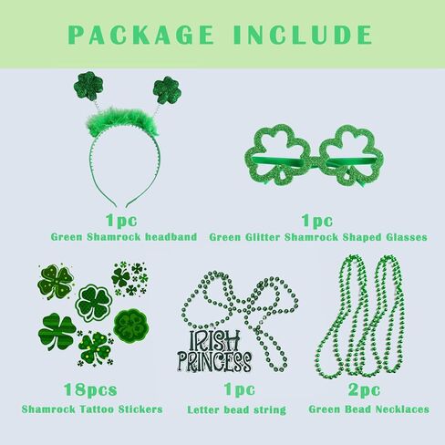 ORANGAROOS Woman St Patrick's Day Costume Accessories Set with Green Shamrock headband，Green Glitter Clover Frame Glasses，Green Bead Necklaces and Shamrock Tattoo Stickers in Kuwait