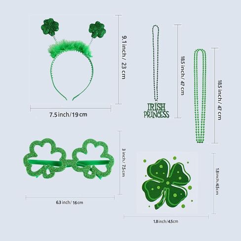 ORANGAROOS Woman St Patrick's Day Costume Accessories Set with Green Shamrock headband，Green Glitter Clover Frame Glasses，Green Bead Necklaces and Shamrock Tattoo Stickers in Kuwait