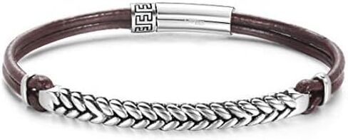 FANCIME Footprint 925 Sterling Silver Genuine Mens Leather Bracelet Braided Rope Energy Charm Push Button Locking Clasp, 9.0" Brown in Saudi Arabia