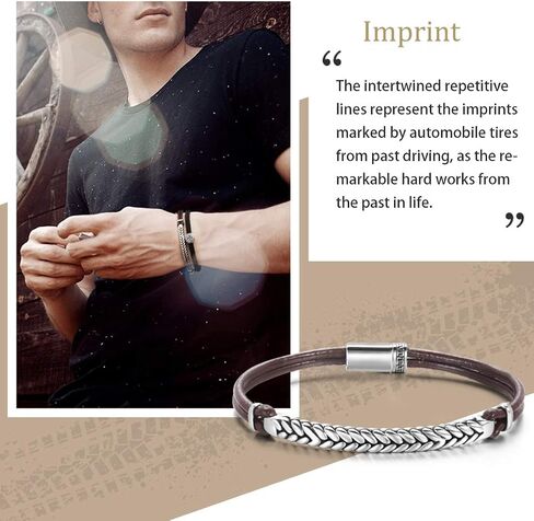 FANCIME Footprint 925 Sterling Silver Genuine Mens Leather Bracelet Braided Rope Energy Charm Push Button Locking Clasp, 9.0" Brown in Saudi Arabia