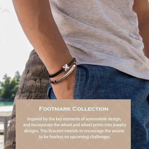 FANCIME Footprint 925 Sterling Silver Genuine Mens Leather Bracelet Braided Rope Energy Charm Push Button Locking Clasp, 9.0" Brown in Saudi Arabia