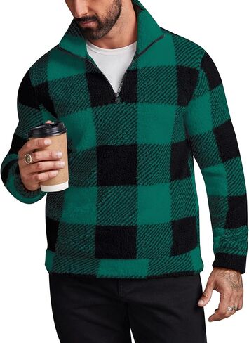 Runcati Mens Fuzzy Sherpa Sweatshirt Buffalo Plaid Pullover Quarter Zip Winter Warm Fleece Sweatshirts in Saudi Arabia