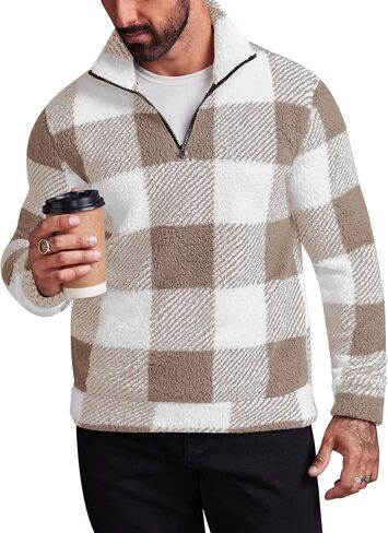 Runcati Mens Fuzzy Sherpa Sweatshirt Buffalo Plaid Pullover Quarter Zip Winter Warm Fleece Sweatshirts in Saudi Arabia