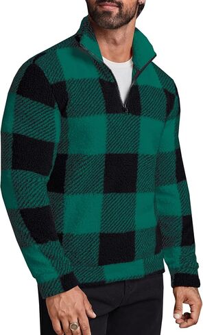 Runcati Mens Fuzzy Sherpa Sweatshirt Buffalo Plaid Pullover Quarter Zip Winter Warm Fleece Sweatshirts in Saudi Arabia