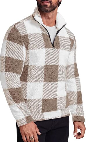 Runcati Mens Fuzzy Sherpa Sweatshirt Buffalo Plaid Pullover Quarter Zip Winter Warm Fleece Sweatshirts in Saudi Arabia