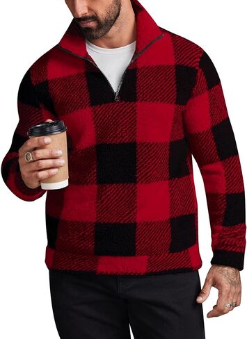 Runcati Mens Fuzzy Sherpa Sweatshirt Buffalo Plaid Pullover Quarter Zip Winter Warm Fleece Sweatshirts in Saudi Arabia