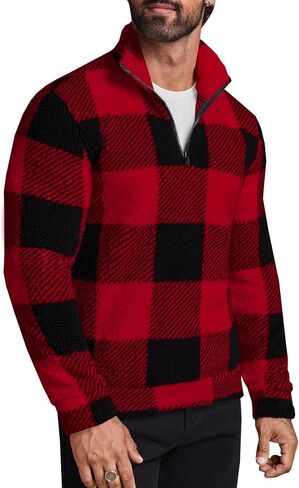 Runcati Mens Fuzzy Sherpa Sweatshirt Buffalo Plaid Pullover Quarter Zip Winter Warm Fleece Sweatshirts in Saudi Arabia
