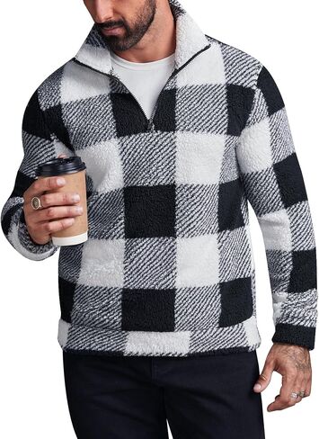 Runcati Mens Fuzzy Sherpa Sweatshirt Buffalo Plaid Pullover Quarter Zip Winter Warm Fleece Sweatshirts in Saudi Arabia