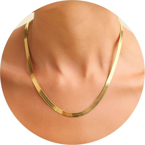 CROISIER Minimalist Gold Chain Necklace. Dainty Sterling Steel 18K Gold Plated Herringbone Flat Snake Chain Necklace. Hypoallergenic Classic Jewelry for Women. in Saudi Arabia