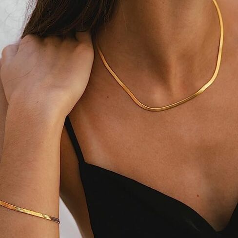 CROISIER Minimalist Gold Chain Necklace. Dainty Sterling Steel 18K Gold Plated Herringbone Flat Snake Chain Necklace. Hypoallergenic Classic Jewelry for Women. in Saudi Arabia