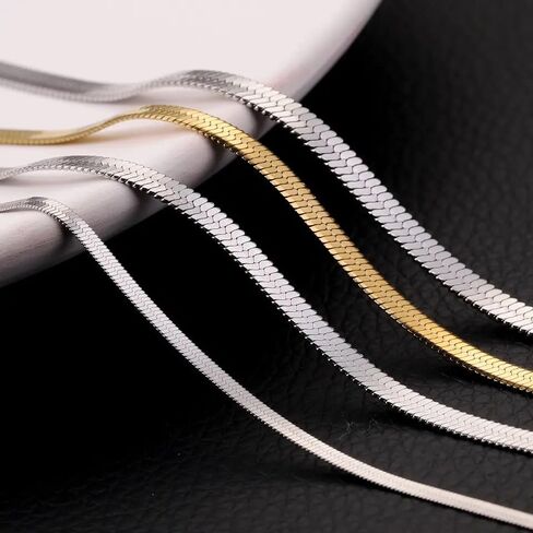 CROISIER Minimalist Gold Chain Necklace. Dainty Sterling Steel 18K Gold Plated Herringbone Flat Snake Chain Necklace. Hypoallergenic Classic Jewelry for Women. in Saudi Arabia