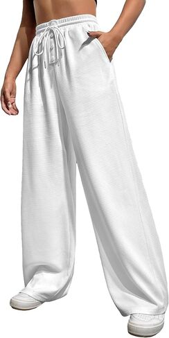 MakeMeChic Women's Solid Drawstring Waist Wide Leg Pants Knitted High Waist Casual Trousers with Pockets in Saudi Arabia