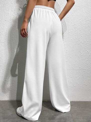 MakeMeChic Women's Solid Drawstring Waist Wide Leg Pants Knitted High Waist Casual Trousers with Pockets in Saudi Arabia