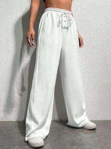 MakeMeChic Women's Solid Drawstring Waist Wide Leg Pants Knitted High Waist Casual Trousers with Pockets in Saudi Arabia
