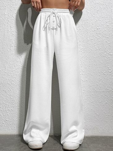 MakeMeChic Women's Solid Drawstring Waist Wide Leg Pants Knitted High Waist Casual Trousers with Pockets in Saudi Arabia