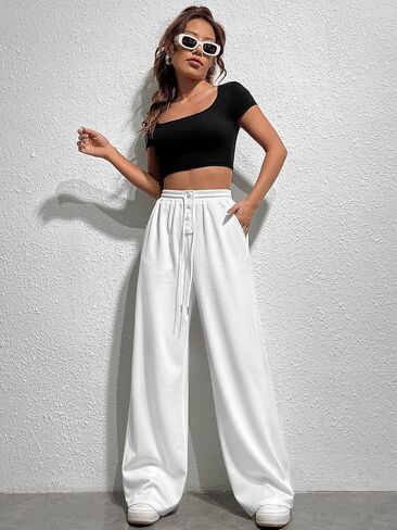 MakeMeChic Women's Solid Drawstring Waist Wide Leg Pants Knitted High Waist Casual Trousers with Pockets in Saudi Arabia
