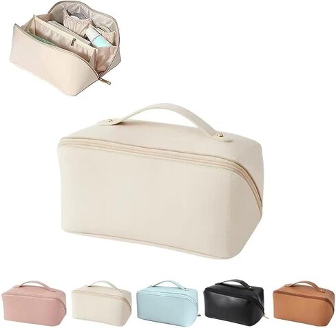 wsvftgd Large-Capacity Travel Leather Makeup Bag Cosmetic Bag Waterproof Portable Makeup Case Organizer Toiletry Bag Makeup Box for Skincare Cosmetics Toiletries with Handle and Divider White in Saudi Arabia