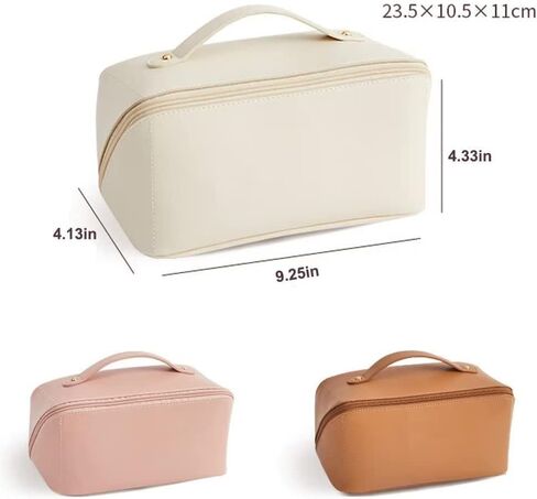 wsvftgd Large-Capacity Travel Leather Makeup Bag Cosmetic Bag Waterproof Portable Makeup Case Organizer Toiletry Bag Makeup Box for Skincare Cosmetics Toiletries with Handle and Divider White in Saudi Arabia