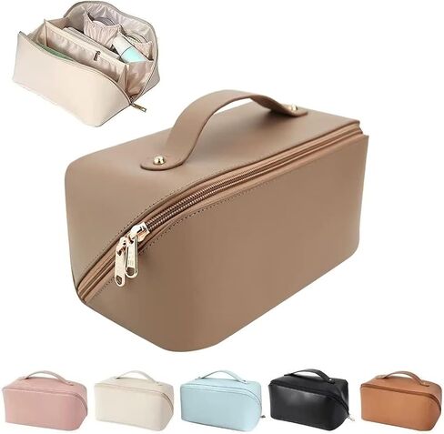 wsvftgd Large-Capacity Travel Leather Makeup Bag Cosmetic Bag Waterproof Portable Makeup Case Organizer Toiletry Bag Makeup Box for Skincare Cosmetics Toiletries with Handle and Divider White in Saudi Arabia