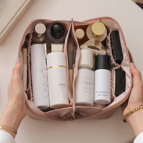 wsvftgd Large-Capacity Travel Leather Makeup Bag Cosmetic Bag Waterproof Portable Makeup Case Organizer Toiletry Bag Makeup Box for Skincare Cosmetics Toiletries with Handle and Divider White in Saudi Arabia