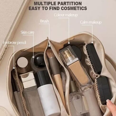 wsvftgd Large-Capacity Travel Leather Makeup Bag Cosmetic Bag Waterproof Portable Makeup Case Organizer Toiletry Bag Makeup Box for Skincare Cosmetics Toiletries with Handle and Divider White in Saudi Arabia