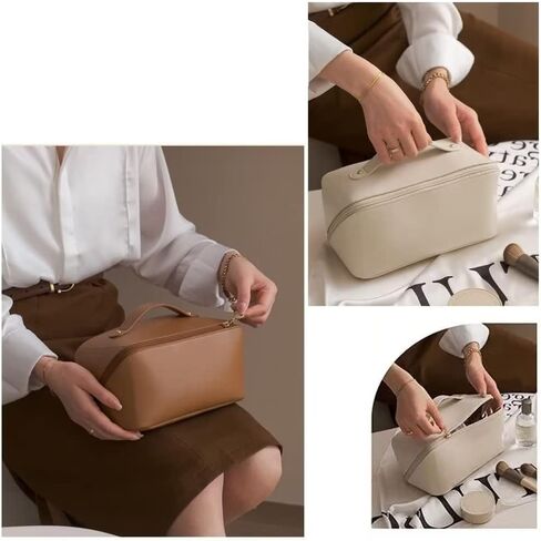 wsvftgd Large-Capacity Travel Leather Makeup Bag Cosmetic Bag Waterproof Portable Makeup Case Organizer Toiletry Bag Makeup Box for Skincare Cosmetics Toiletries with Handle and Divider White in Saudi Arabia