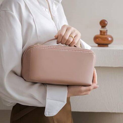 wsvftgd Large-Capacity Travel Leather Makeup Bag Cosmetic Bag Waterproof Portable Makeup Case Organizer Toiletry Bag Makeup Box for Skincare Cosmetics Toiletries with Handle and Divider White in Saudi Arabia