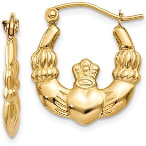 14k Yellow Gold Celtic Irish Claddagh Hoop Puffed Shrimp Earrings - 10mm x 2mm