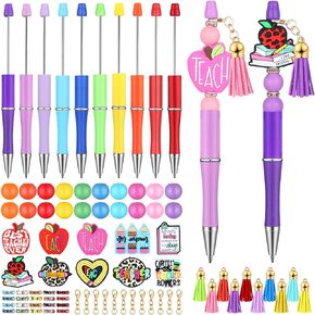 10 Pcs Teacher Appreciation Beadable Pens with 90 Pcs Assorted Colors Wood Beads Crystal Spacer Accessories DIY Pen Making Kit Plastic Ballpoint Pen Bulk for Teacher Appreciation Gift