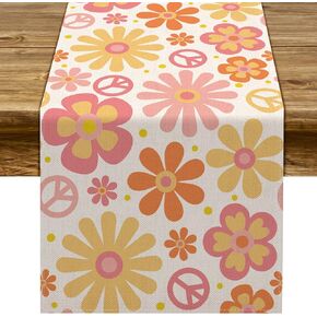 Groovy Table Runner Hippie Daisy Flower Peace Love Birthday Party Retro Kitchen Dinning Home Decoration (13" x 36")