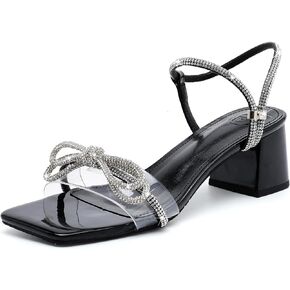DADAWEN Women's Double Bowknots Crystal Sandals Clear Slingback Heels Square Toe Low Block Chunky Heels Sandals Wedding Party Dress Pumps Shoes