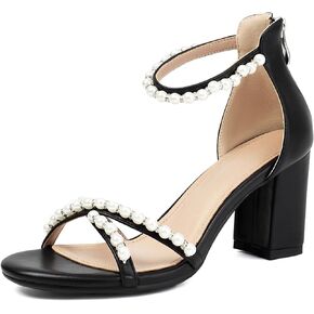 Latasa Women's Pearl Heels 3 Inch Chunky Block Heels Ankle Strap Wedding Party Prom Dressy Sandals with Back Zipper