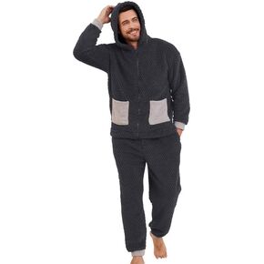 Vulcanodon Mens Plush Hooded Zipper Pajama Set, Soft Warm Long Sleeve Sleepwear with Pockets Fluffy Fuzzy Cozy Pjs