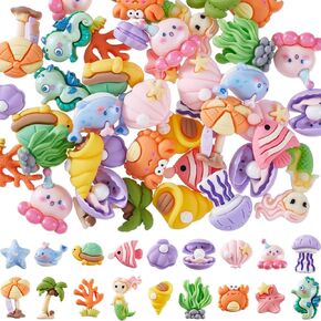 SUNNYCLUE 72Pcs 18 Styles Sea Resin Charms Ocean Animal Cabochons Colorful Shell Starfish Whale Turtle Summer Hawaii Resin Flatback Cabochons for Craft Making Scrapbooking Embellishments DIY Hairpins
