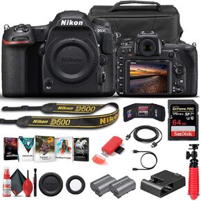 كاميرا Nikon D500 DSLR (الهيكل فقط) (1559) + بطاقة ذاكرة سعة 64 جيجابايت + حافظة + برنامج Corel Photo + بطارية EN-EL 15 + قارئ بطاقات + كابل HDMI + مجموعة تنظيف فاخرة + حامل ثلاثي القوائم مرن + محفظة ذاكرة (متجددة)