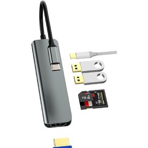 USB C Hub for iPhone15 Pro Max Plus iPad Air(6in1) HDMI+TF+SD Card Reader+USB+Typec Charger Multiport Dongle Adapter Thunderbolt Docking Station Splitter Monitor Laptop Computer Mouse Accessories