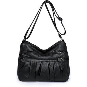 WITERY Soft Leather Multi-Pocket Shoulder Bag for Women - Retro Sling Ruched Hobo Tote Bag