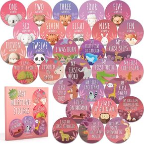 Hilarious Baby Girl Milestone Photo Prop 4 in Stickers. Cute Pink and Purple 30 Pack- 12 Months, 4 Good and 12 Funny Moments Plus 1 Blank Decal for Infant or Newborn Pictures. New Mom Baby Sticker Set