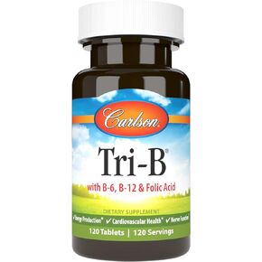 Carlson - Tri-B, Vitamin B Complex, 25 mg Vitamin B-6, 400 mcg Vitamin B-12, Folic Acid Energy Pills, Promote Cardiovascular Health, B Complex Vitamins, B12 Supplement, B Vitamin Complex, 120 Tablets