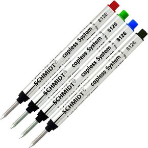 Schmidt 8126 Long Capless System Rollerball Refill, Green, Red, Black, Blue, Fine Tip (0.6mm) - Pack of 4