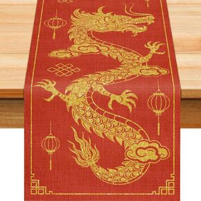 Chinese New Year Table Runner Red Chinese Asian Dragon New Year Table Decoration for 2024 Lunar New Year Spring Festival Home Party Kitchen Dining Table Decor