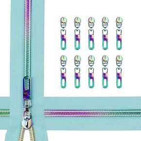Zynzaoacs #5 Rainbow Zipper by The Yard with Pulls, Aqua Zipper Tape with Rainbow Teeth(5Yds) and Rainbow Metal Zipper Pulls(10Pcs, TypeB), Colorful Nylon Coil Zippers for Sewing Purse,Bag,Jacket