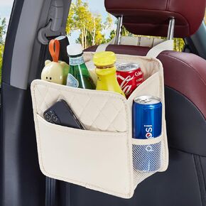Updated Car Back Seat Organizers and Storage, Seat Organizer for Backseat, Premium PU Leather Front & Backseat Car Organizer Universal Waterproof Hanging Car Seat Organizer (Beige 1Pack)