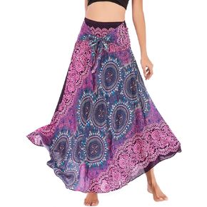 Women's Flowing Bohemian Dress High Waist A-Line Long Skirt Original Two Layer Printed Wrap Around Skirts